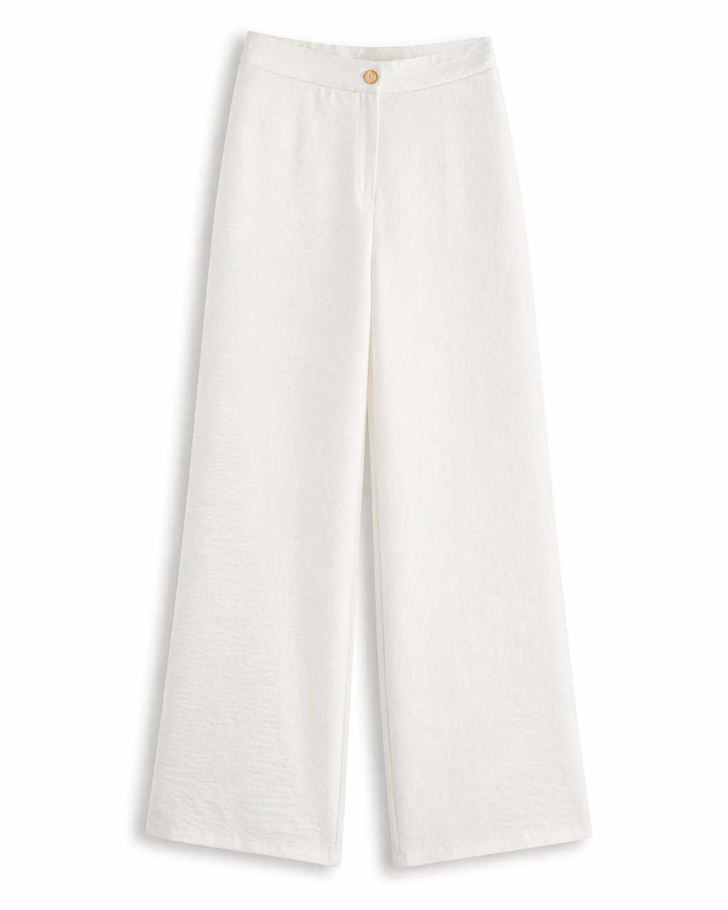 Calça ampla off white com botão na cintura e perna larga, caída reta