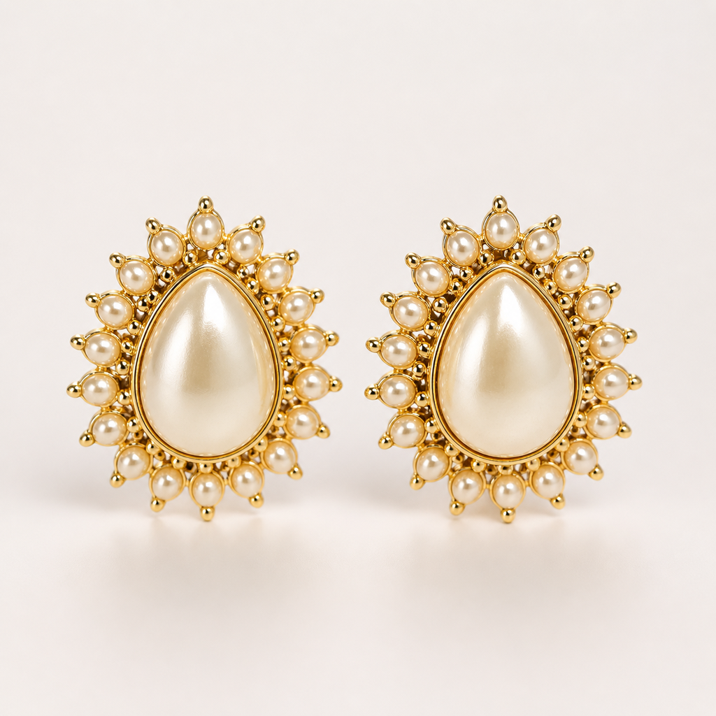 Colar de pérolas com pingente oval dourado e aro com micropérolas