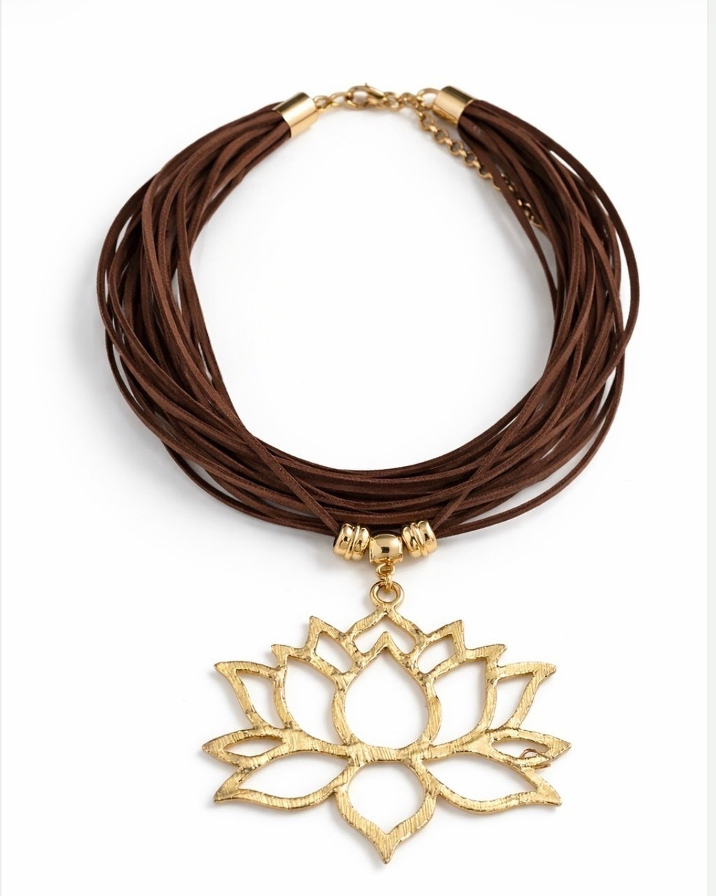 Colar com cordões marrons e pingente dourado de lótus