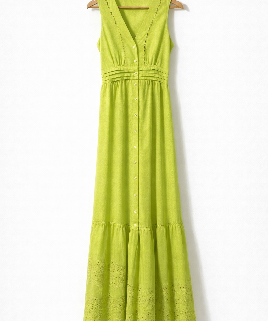 Vestido longo sem mangas verde-lima, decote V e botões frontais, saia com babados