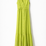 Vestido longo sem mangas verde-lima, decote V e botões frontais, saia com babados