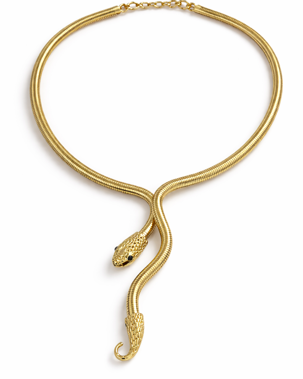 Colar dourado com pingente de serpente, corrente fina e corpo em curva