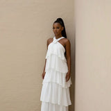 Vestido Thereza off-white com camadas e alças estilo gola alta