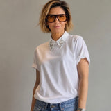 Gola avulsa branca com pedrarias e aplicações de pérolas, para camisa ou vestido