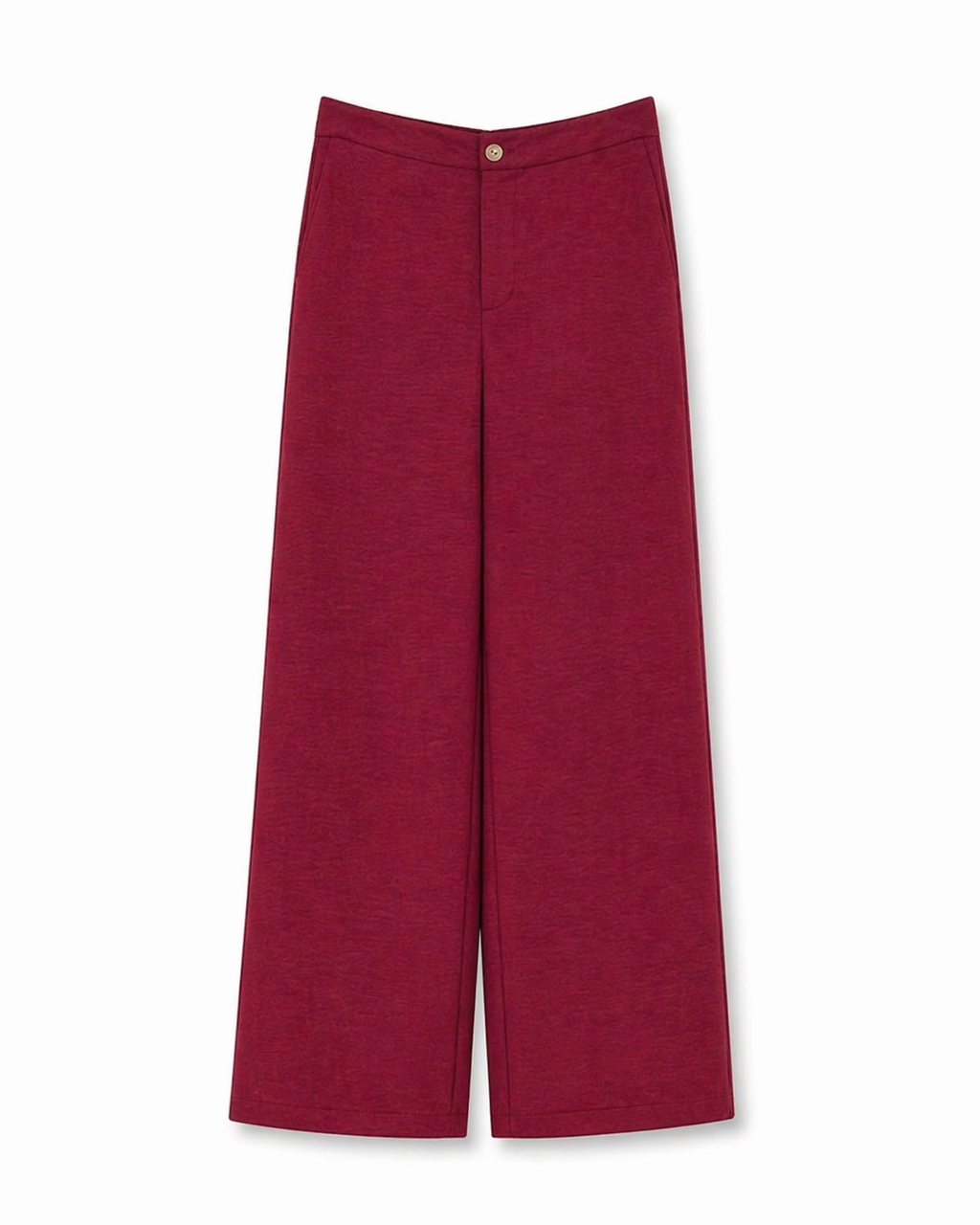 Calça Aurora vinho de cintura alta, pernas amplas, fecho frontal com botão dourado