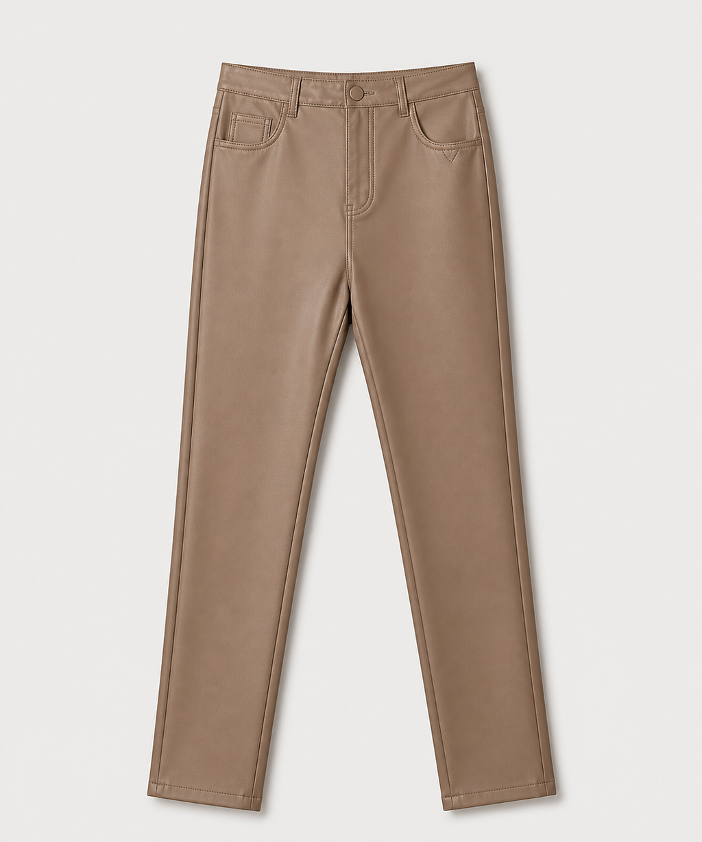 Calça skinny bege, cintura com botão, bolsos frontais e passantes.