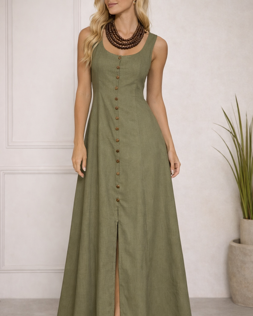 Vestido longo verde-oliva com decote fechado, fileira de botões e fenda frontal.