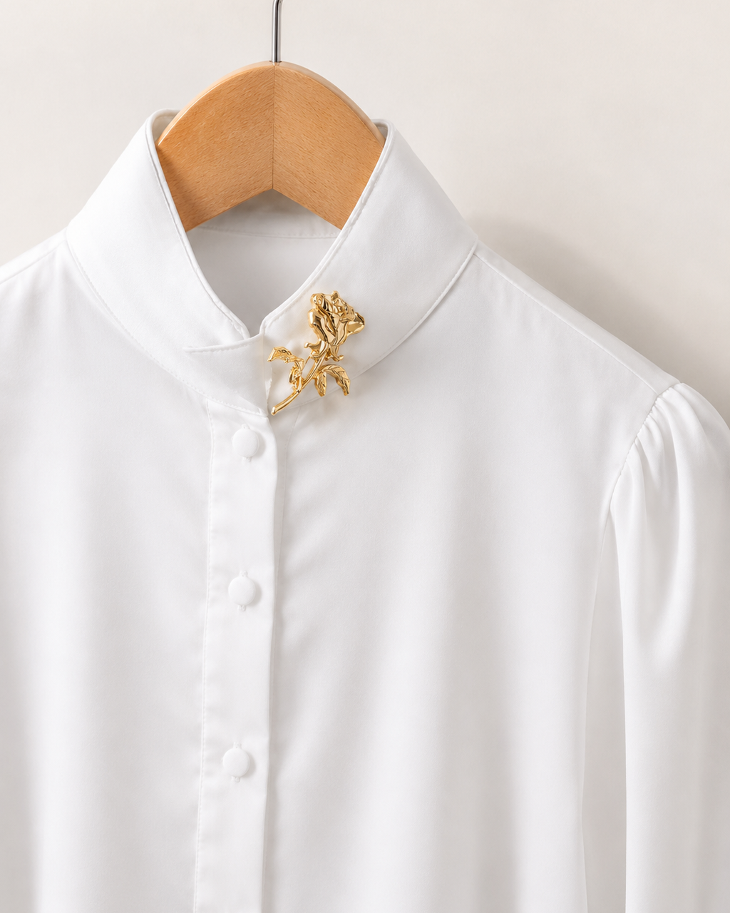Broche de rosa em metal dourado preso à gola de camisa branca