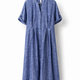 Vestido chemise azul mescla com botões frontais e mangas amplas