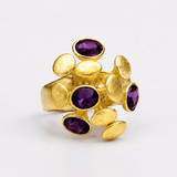 Anel dourado com pedras violeta em formato oval