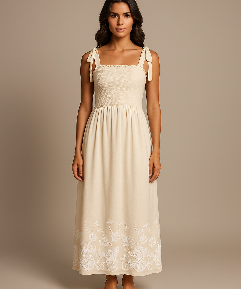 Vestido longo creme com alças e decote quadrado, saia com faixa franzida