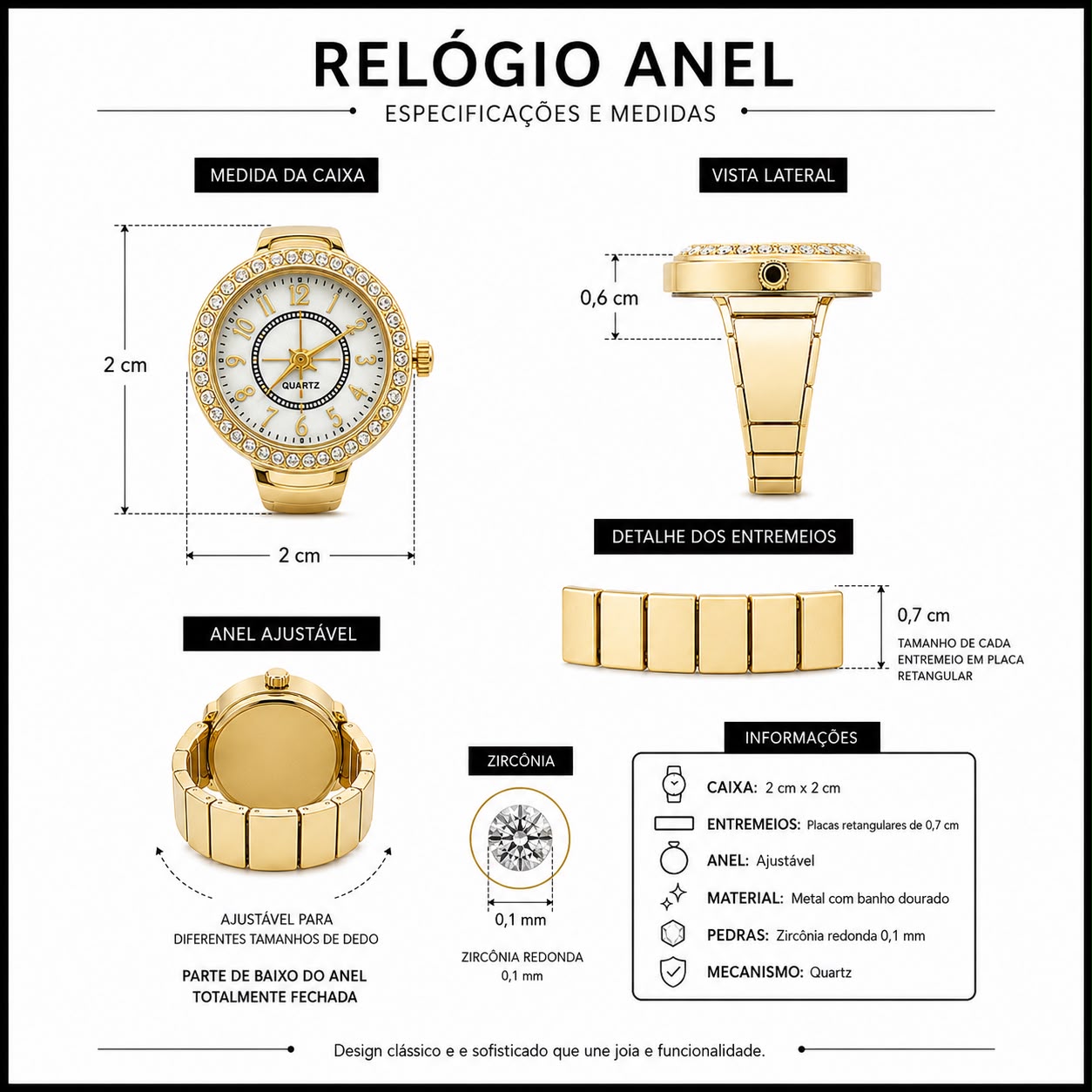 Relógio anel dourado com mostrador branco, detalhes laterais e pulseira ajustável