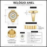 Relógio anel dourado com mostrador branco, detalhes laterais e pulseira ajustável