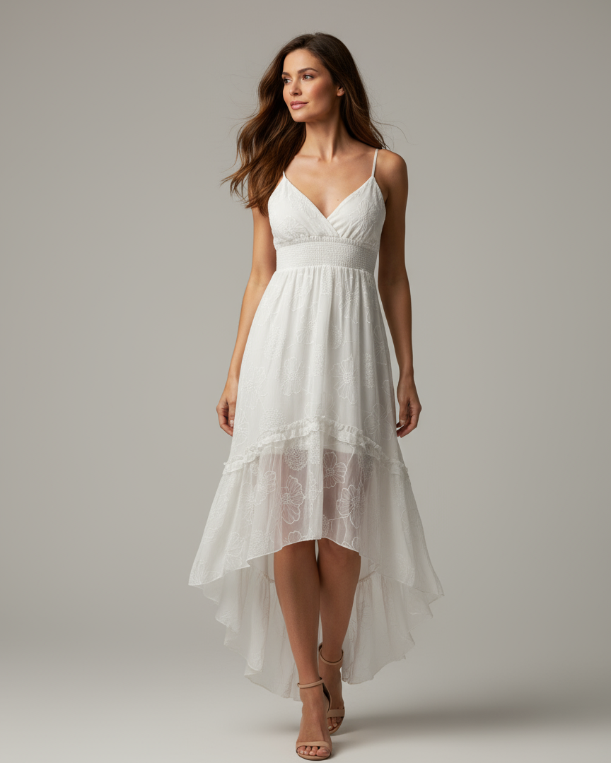 Vestido off-white de alças finas e decote V, saia assimétrica em camadas