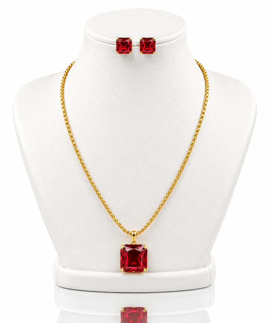 Conjunto de colar e brinco Aurélia com cristais quadrados vermelhos, banho dourado