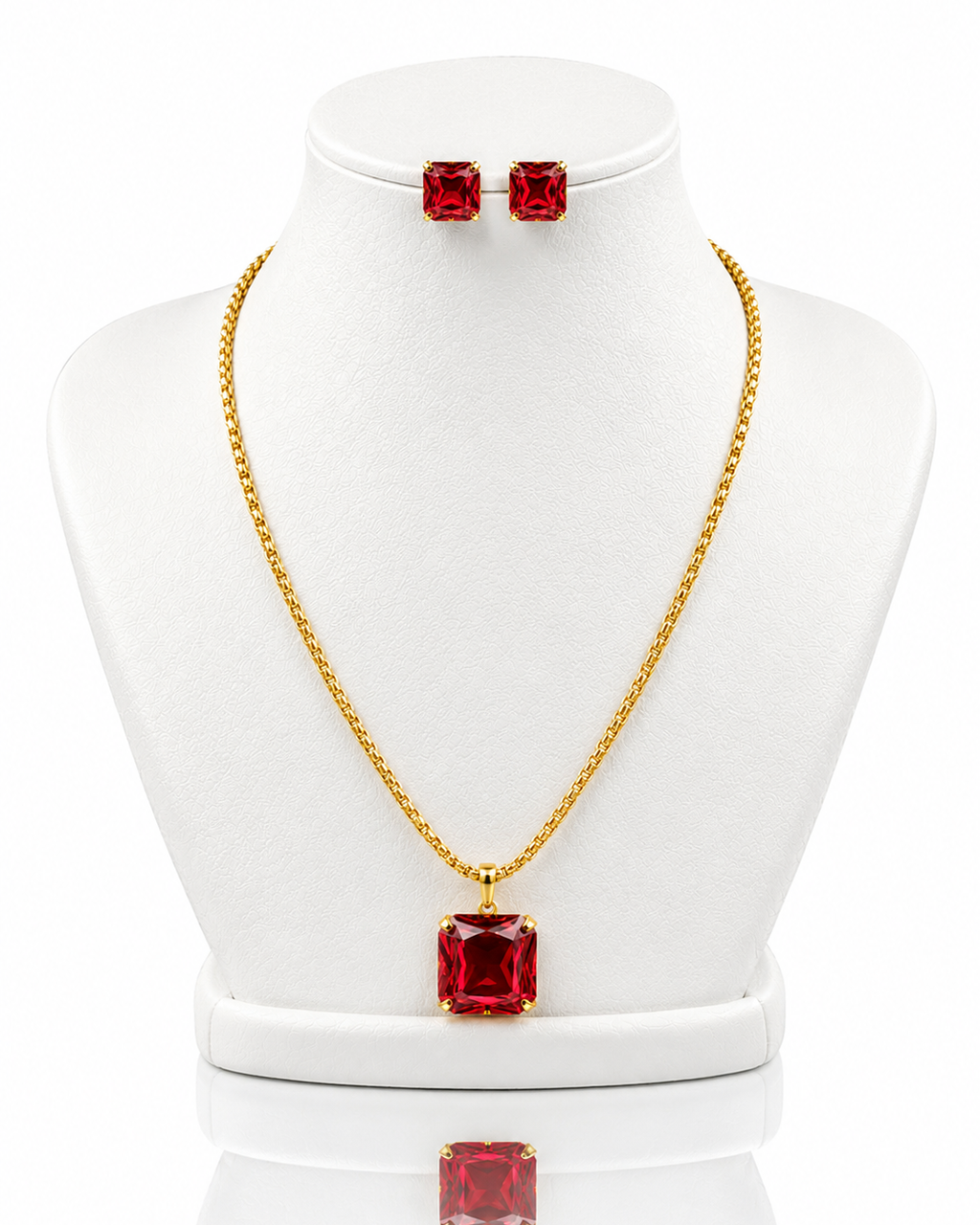Conjunto de colar e brinco Aurélia com cristais quadrados vermelhos, banho dourado
