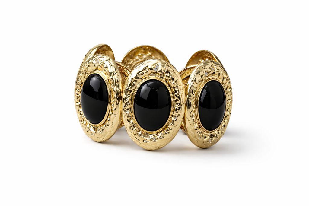 Pulseira ajustável dourada com pedras ovais pretas