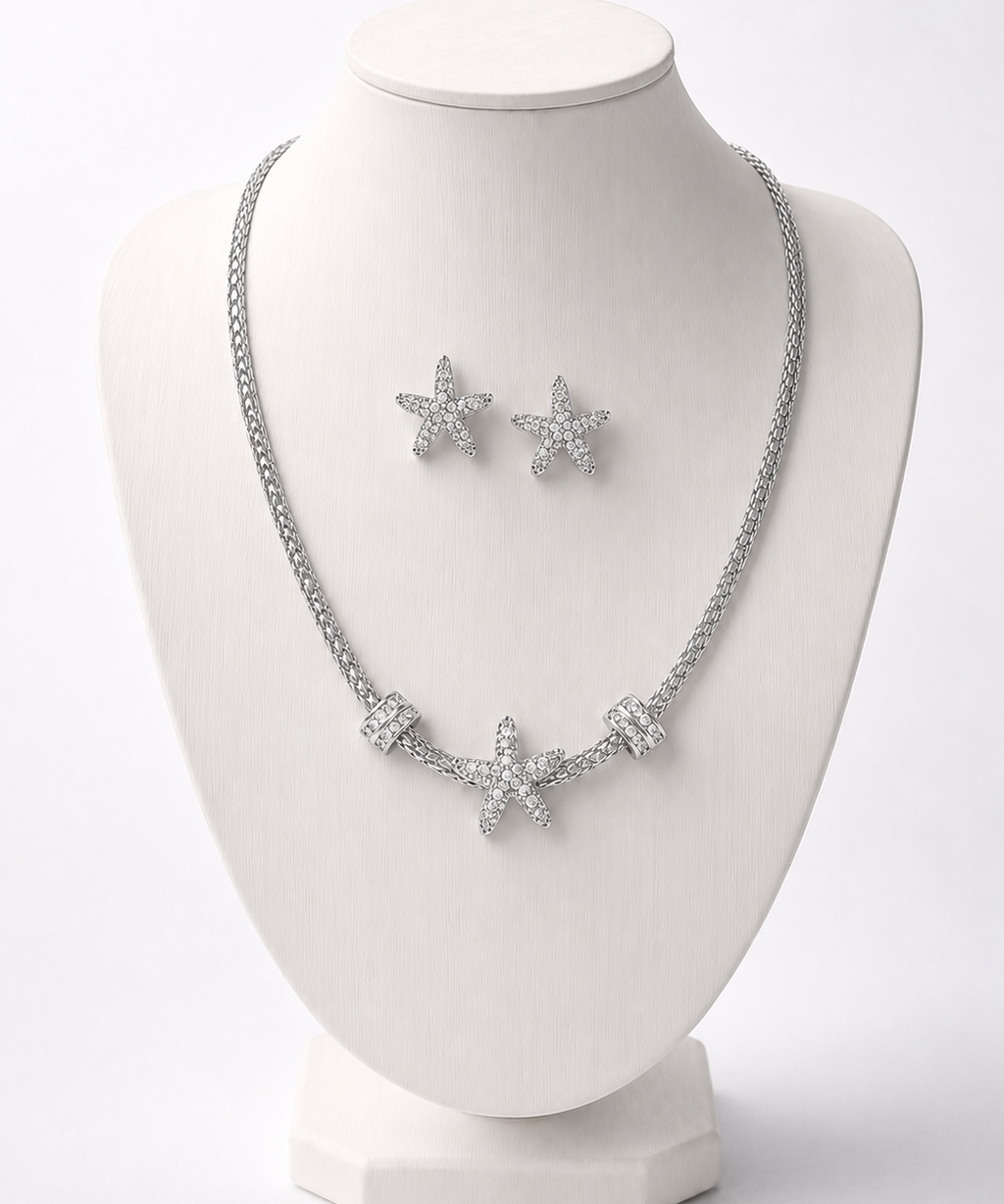 Conjunto de colar e brinco com estrelas brilhantes, acabamento prateado