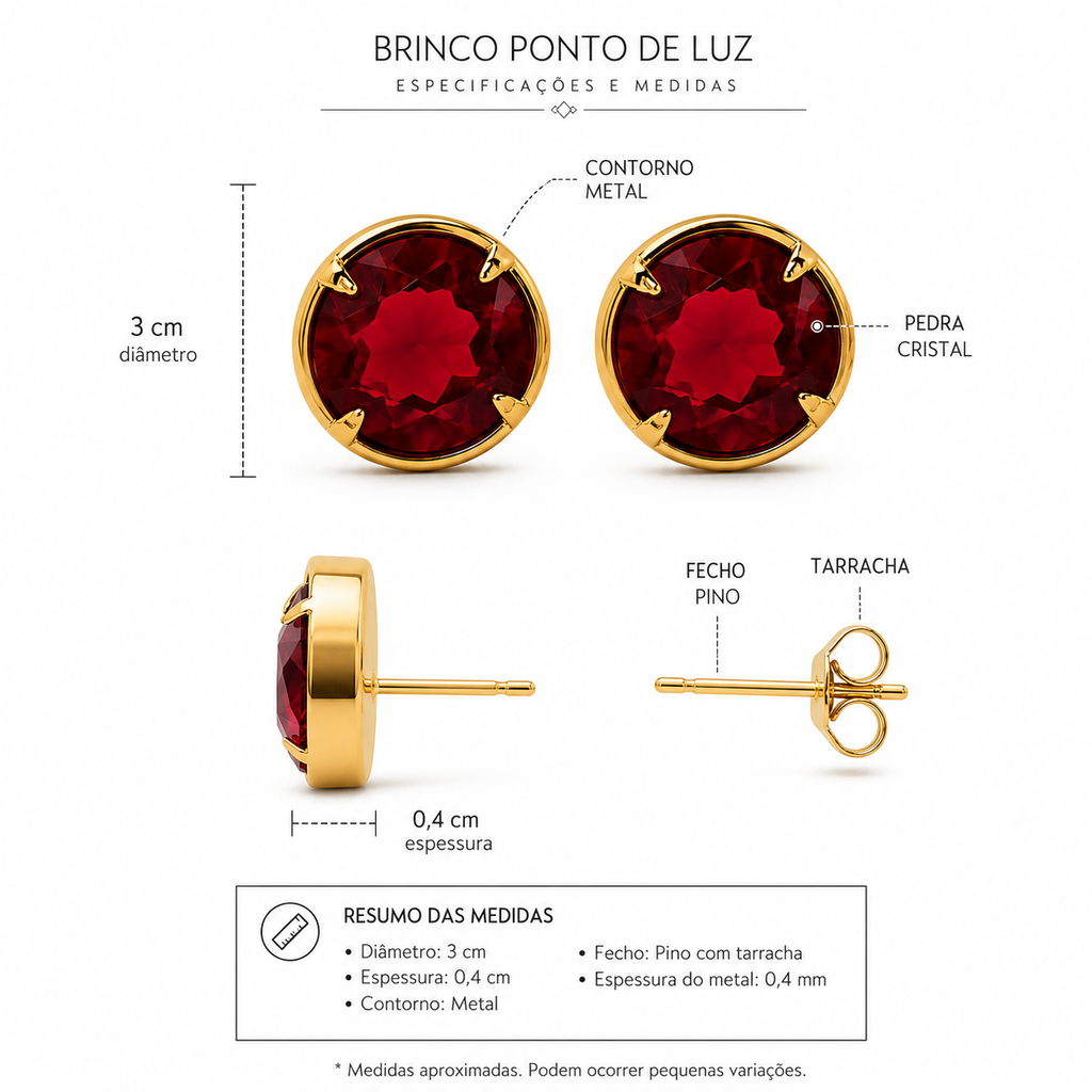Par de brincos com pedra cristal vermelha e base dourada