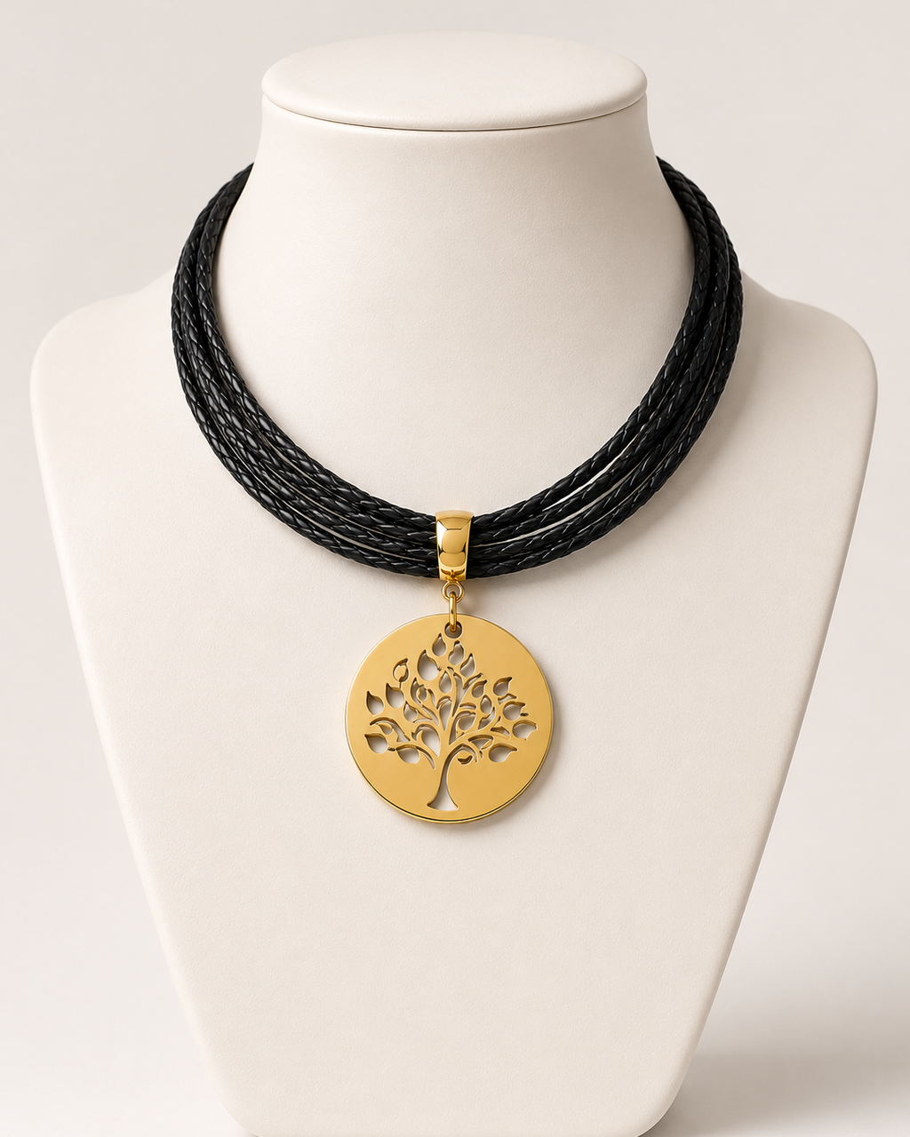 Colar de couro preto com pingente circular dourado da Árvore da Vida