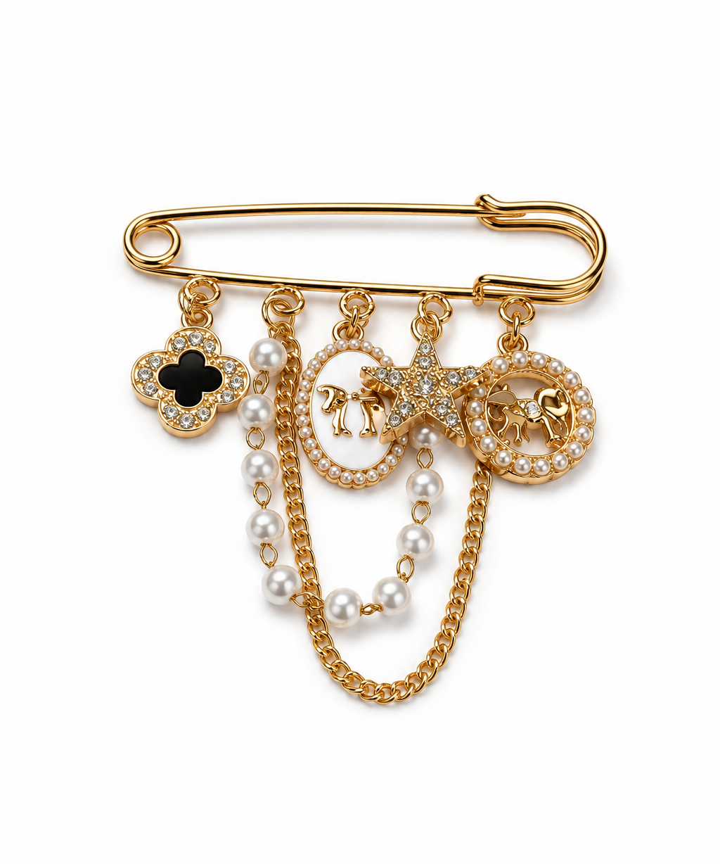Broche Cleef dourado com alfinete e corrente, pingentes com pérolas e pedra escura