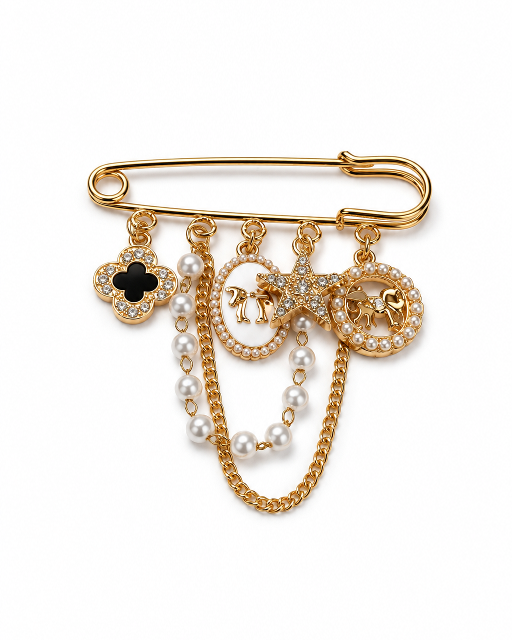 Broche Cleef dourado com alfinete e corrente, pingentes com pérolas e pedra escura