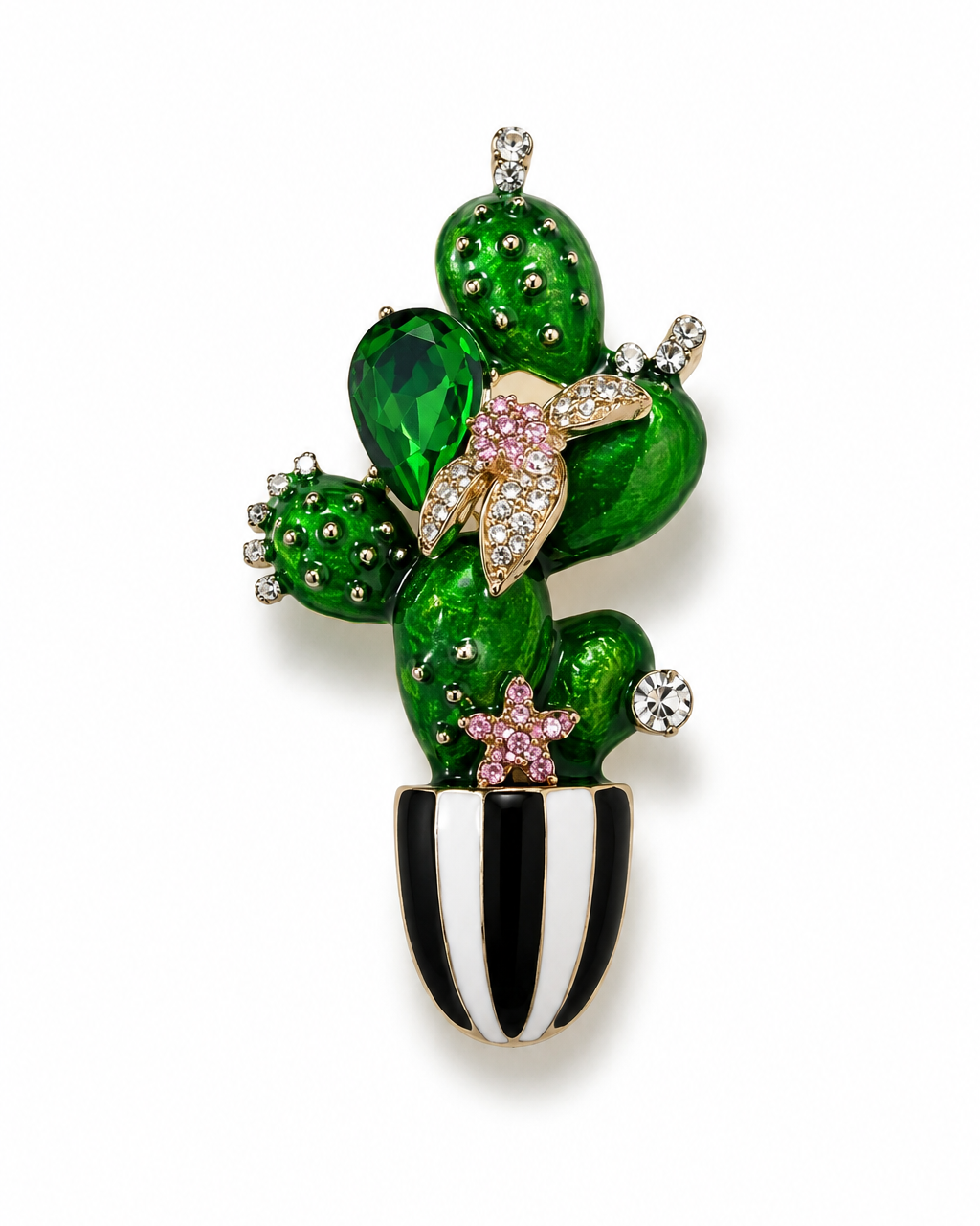 Broche cacto verde com pedras brilhantes e vaso preto e branco
