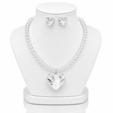 Conjunto de colar e brincos de coração em cristal prateado transparente