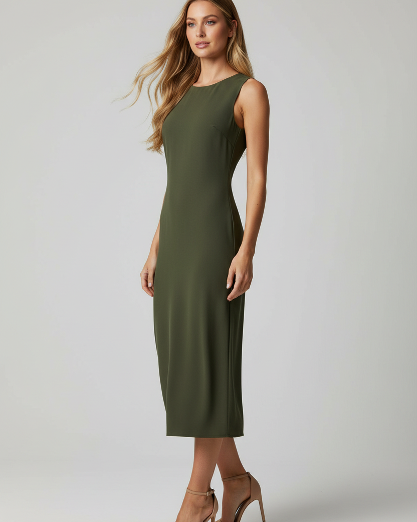 Vestido midi verde militar, corte reto, sem mangas, alças largas e gola redonda