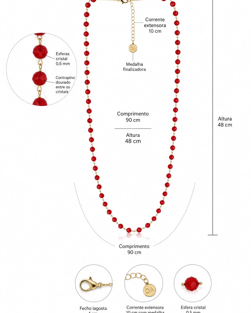 Colar Ana Julia com cristais e pingente dourado, ilustração com medidas