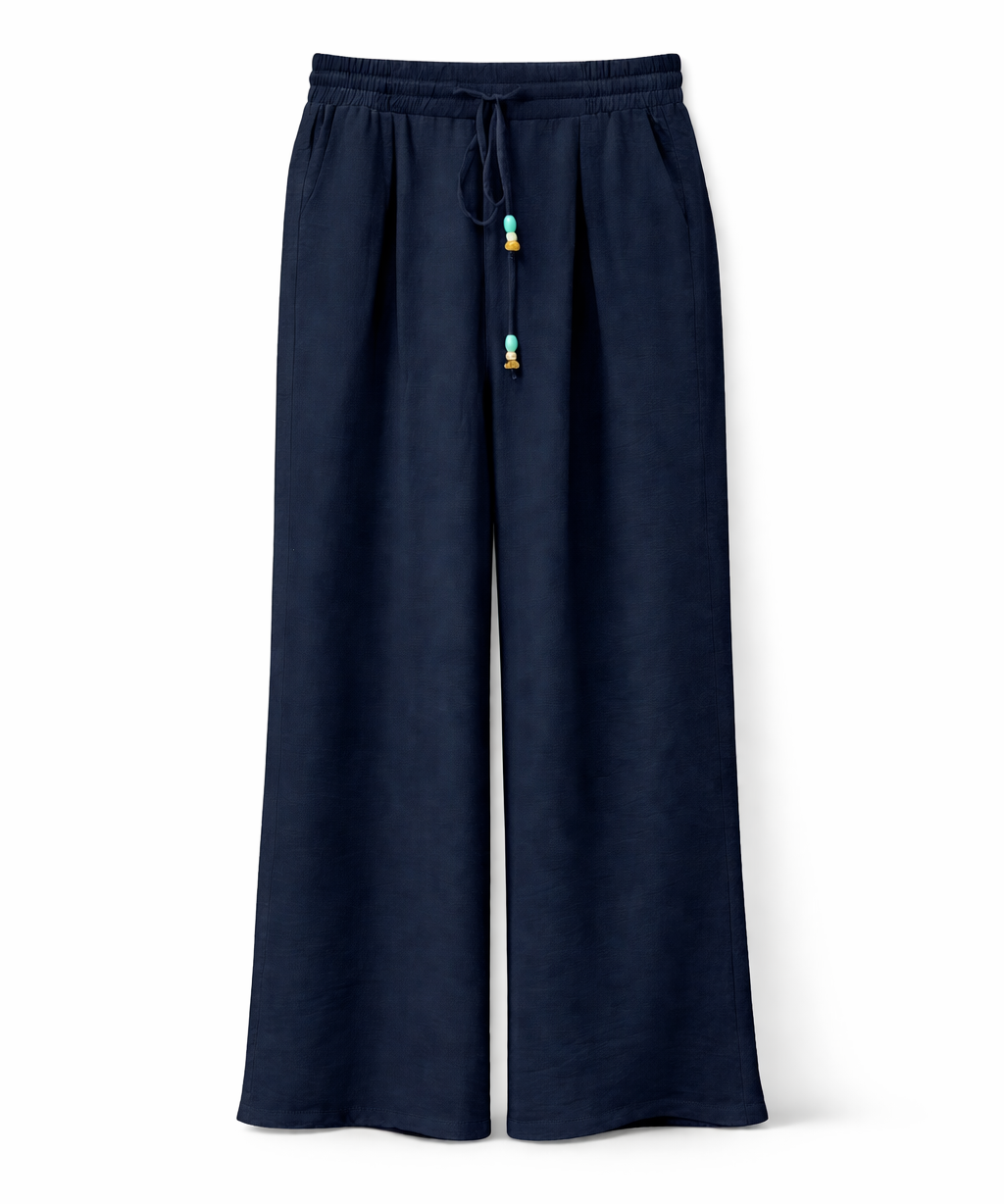 Calça Suzana marinho com cordão frontal e modelagem ampla