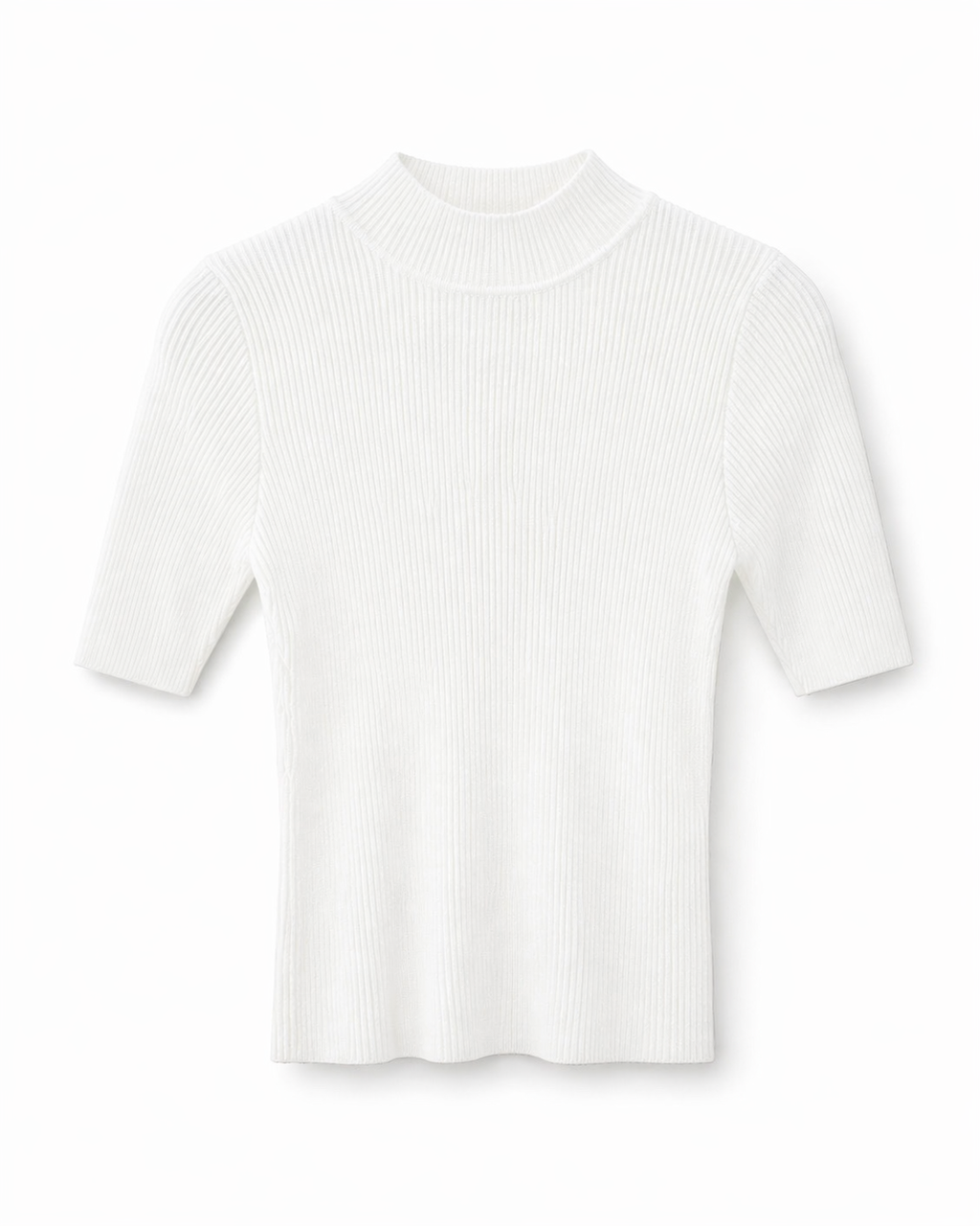 Blusa de tricô off-white com gola alta canelada e mangas curtas