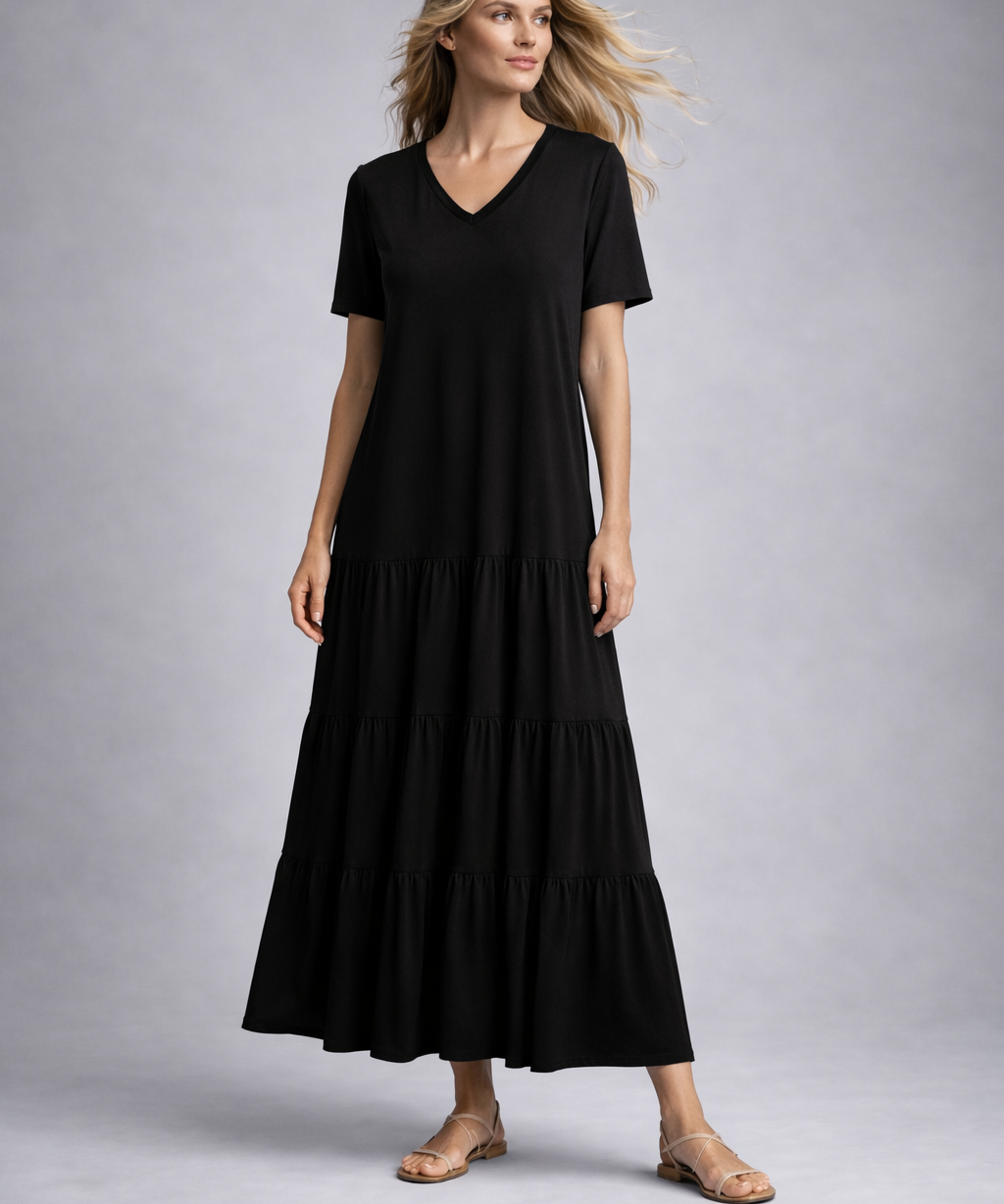 Vestido midi preto com mangas curtas e barra em camadas