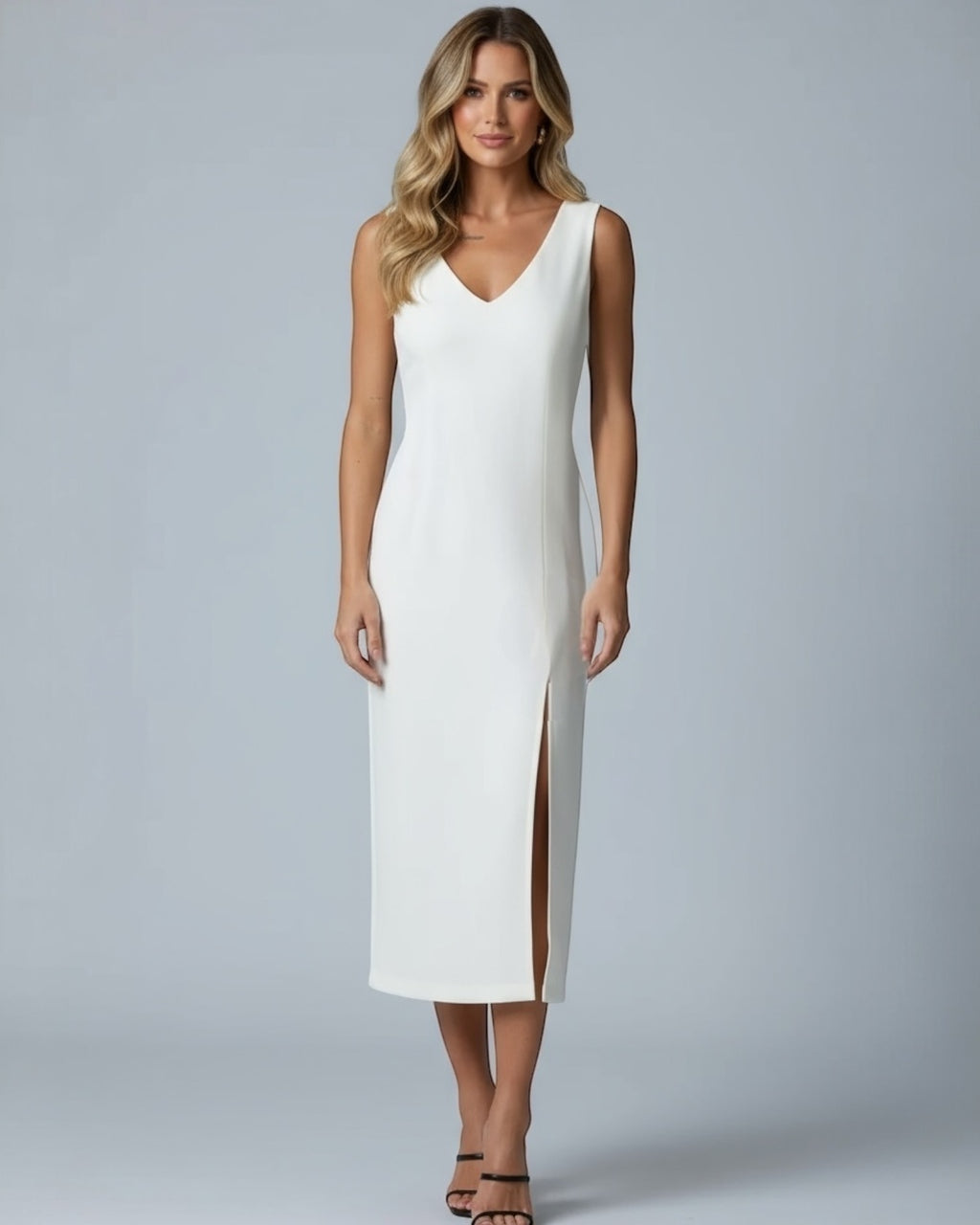 Vestido midi off white com decote V e fenda na barra, visão frontal