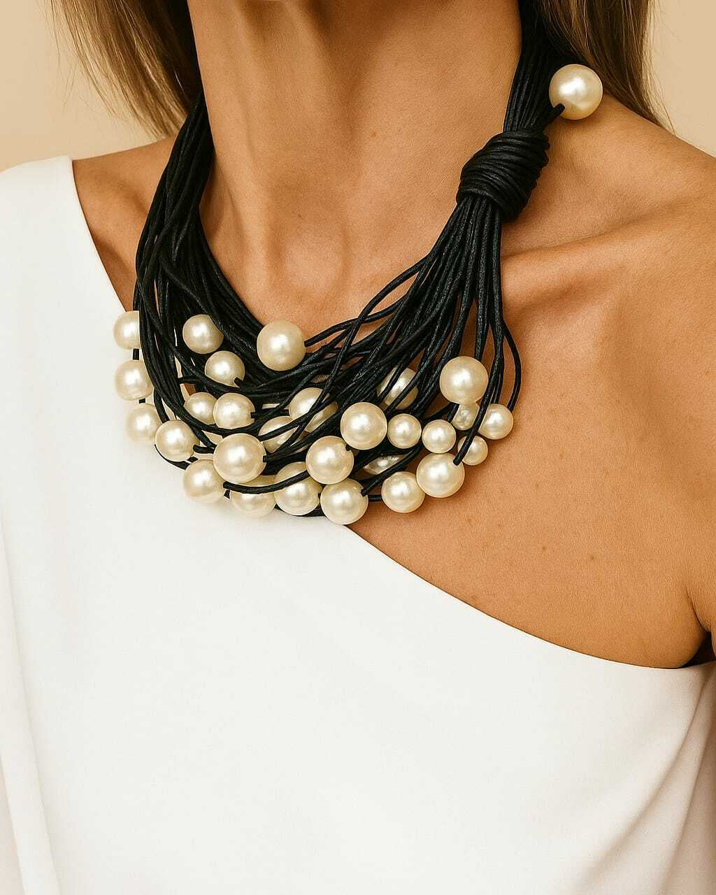Colar de cordão preto com pérolas brancas distribuídas em camadas