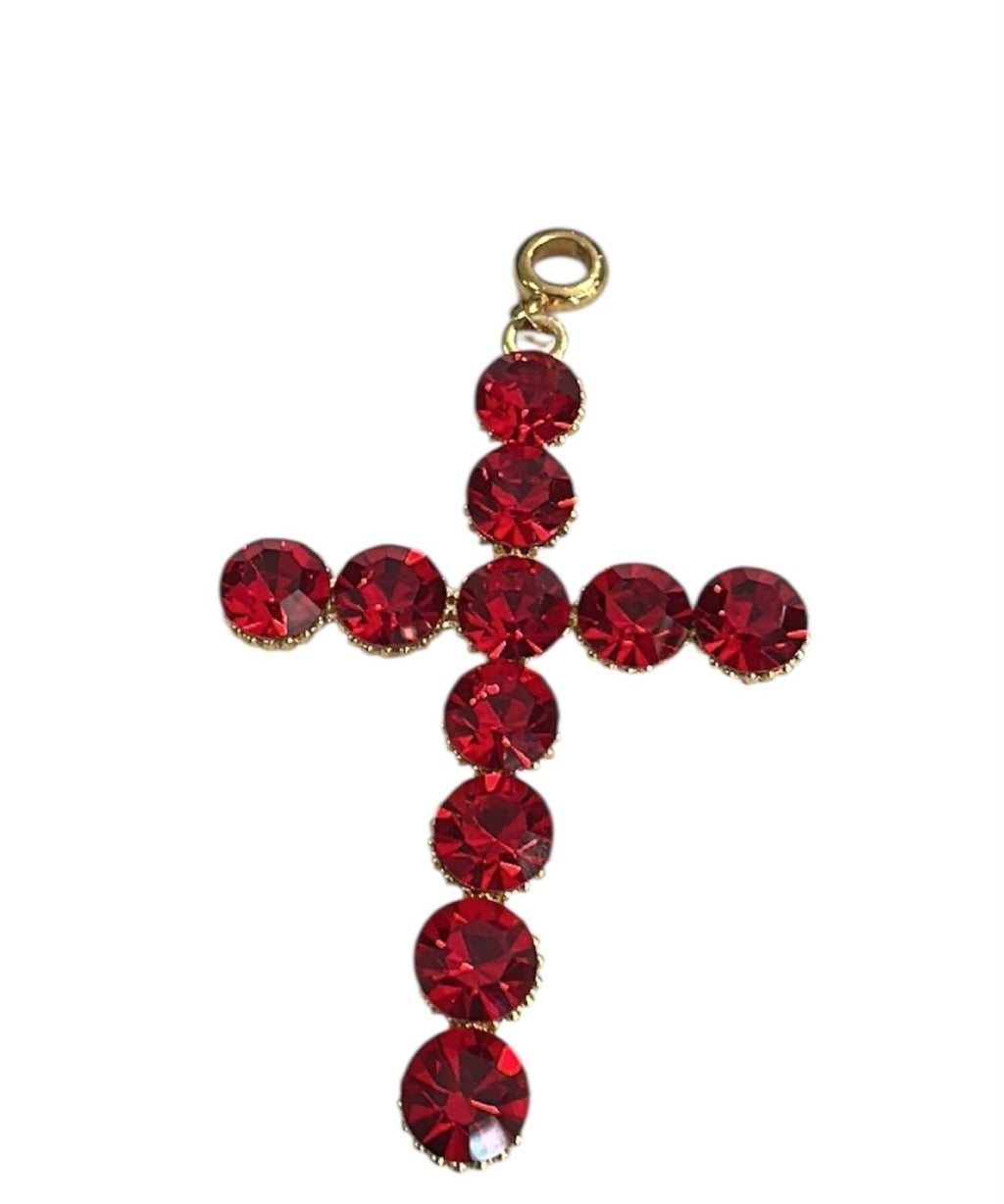 Pingente cruz com strass vermelho e argolinha dourada