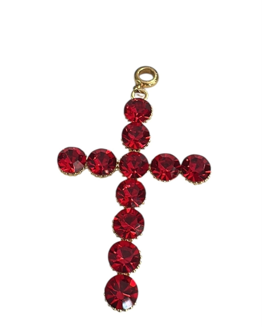 Pingente cruz com strass vermelho e argolinha dourada