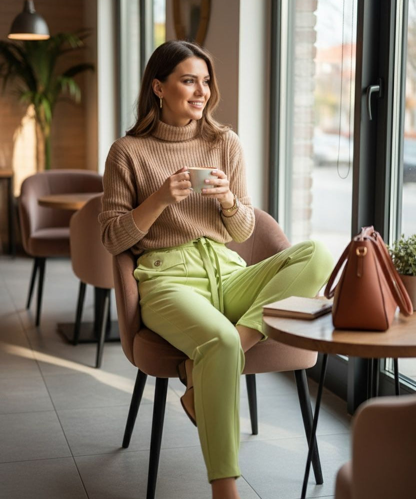 Calça Juliana verde-lima com caimento reto, cintura com passantes e bolsos