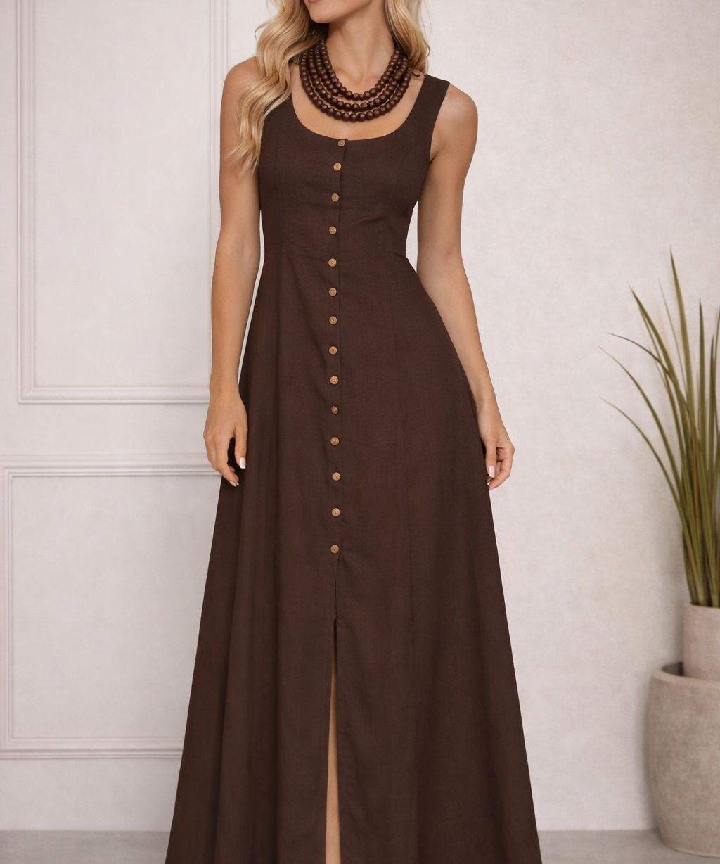 Vestido longo marrom com alças largas e botões na parte frontal, fenda na barra.