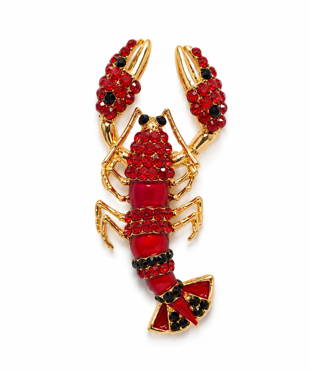 Broche lagosta dourado com strass vermelhos, preto e vermelho translúcido