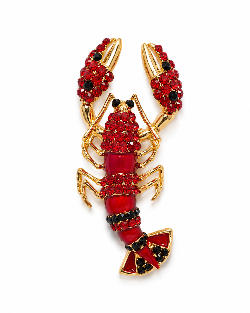 Broche lagosta dourado com strass vermelhos, preto e vermelho translúcido