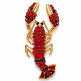Broche lagosta dourado com strass vermelhos, preto e vermelho translúcido