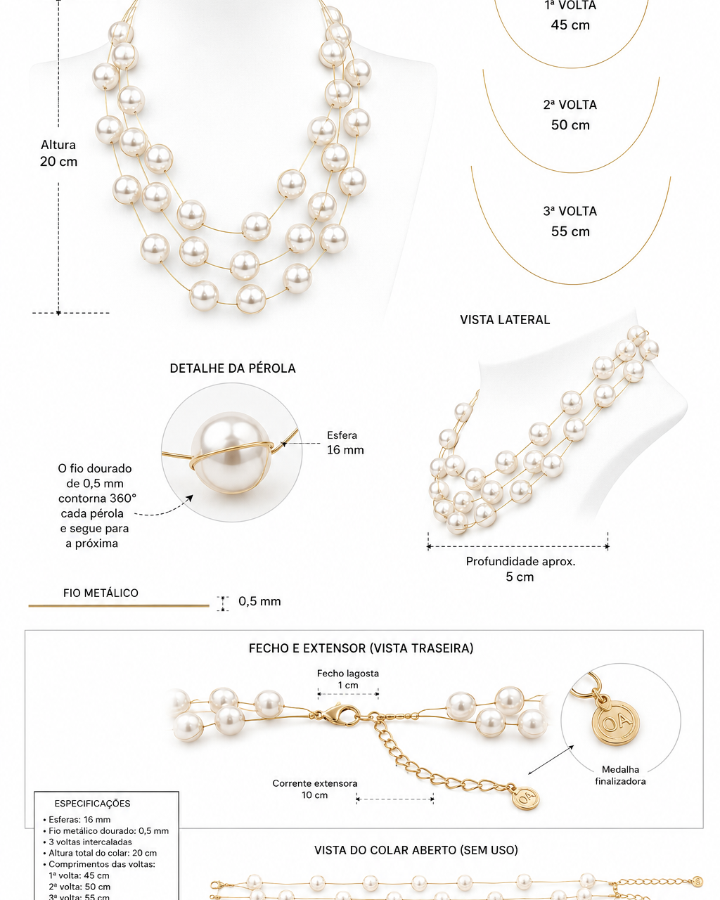 Colar com pérolas brancas, 3 voltas e fecho extensor
