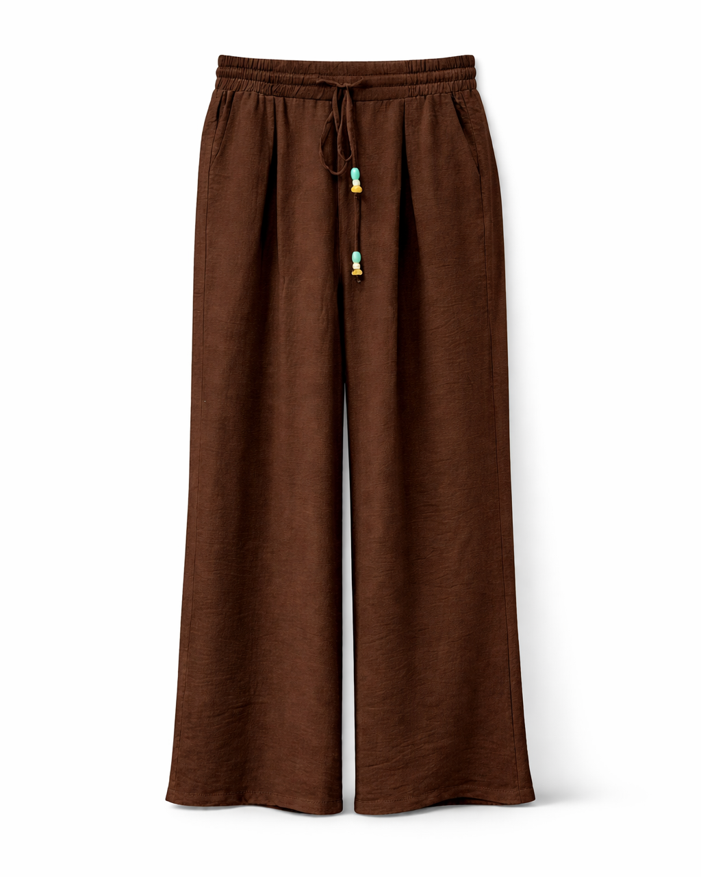 Calça Suzana café de cintura elástica e cordão, perna ampla