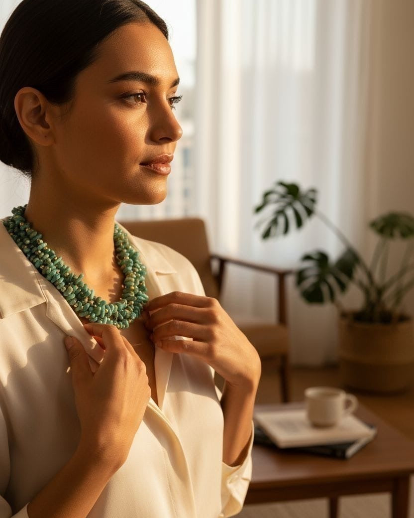 Colar de contas verde jade, estilo gargantilha, com fecho invisível