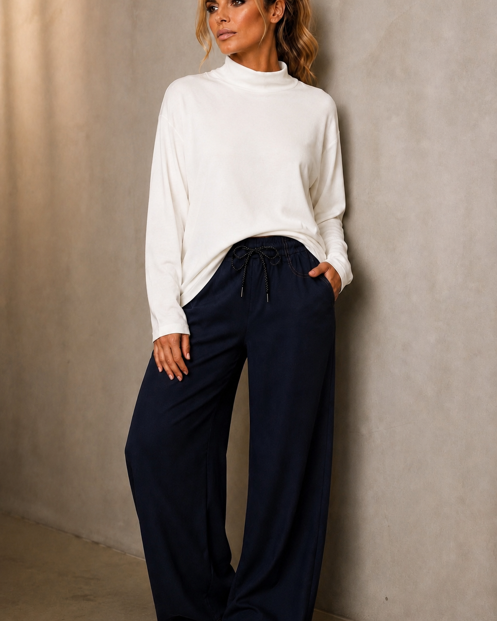Calça jeans azul escuro ampla, cintura com cordão e bolsos laterais