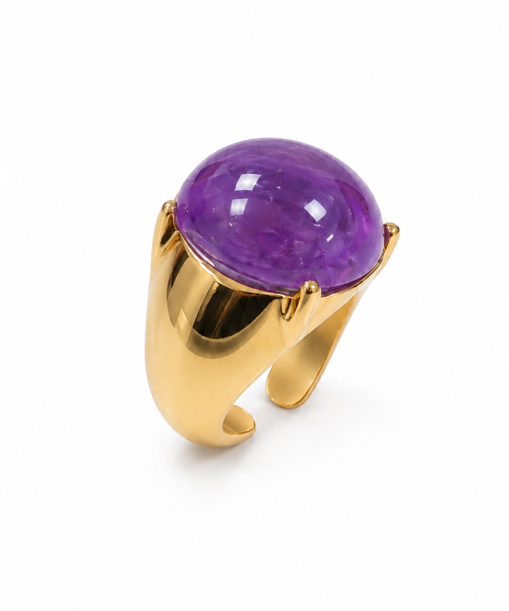 Anel Laila dourado com pedra roxa oval