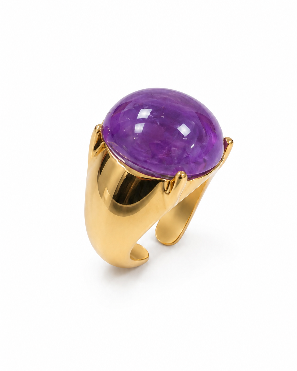 Anel Laila dourado com pedra roxa oval