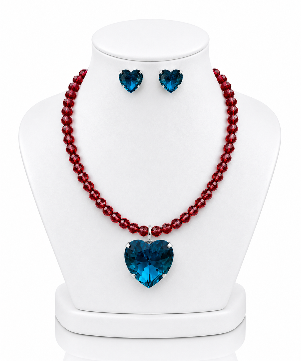 Conjunto colar com cristais vermelhos e pingente coração azul, brinco coração azul