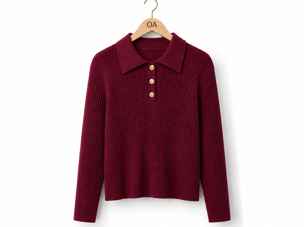 Blusa polo de tricot vinho, gola e botões dourados na frente, manga longa canelada